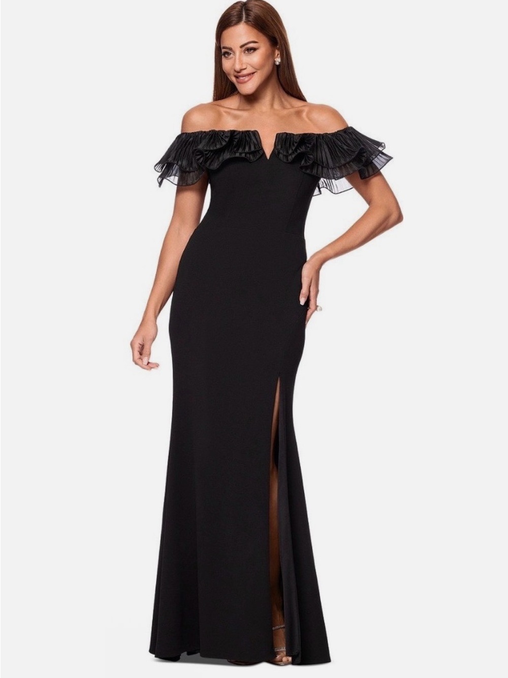 XSCAPE BLACK Ruffled Off-The-Shoulder Side-Slit LONG Gown. Size 6. NWT.